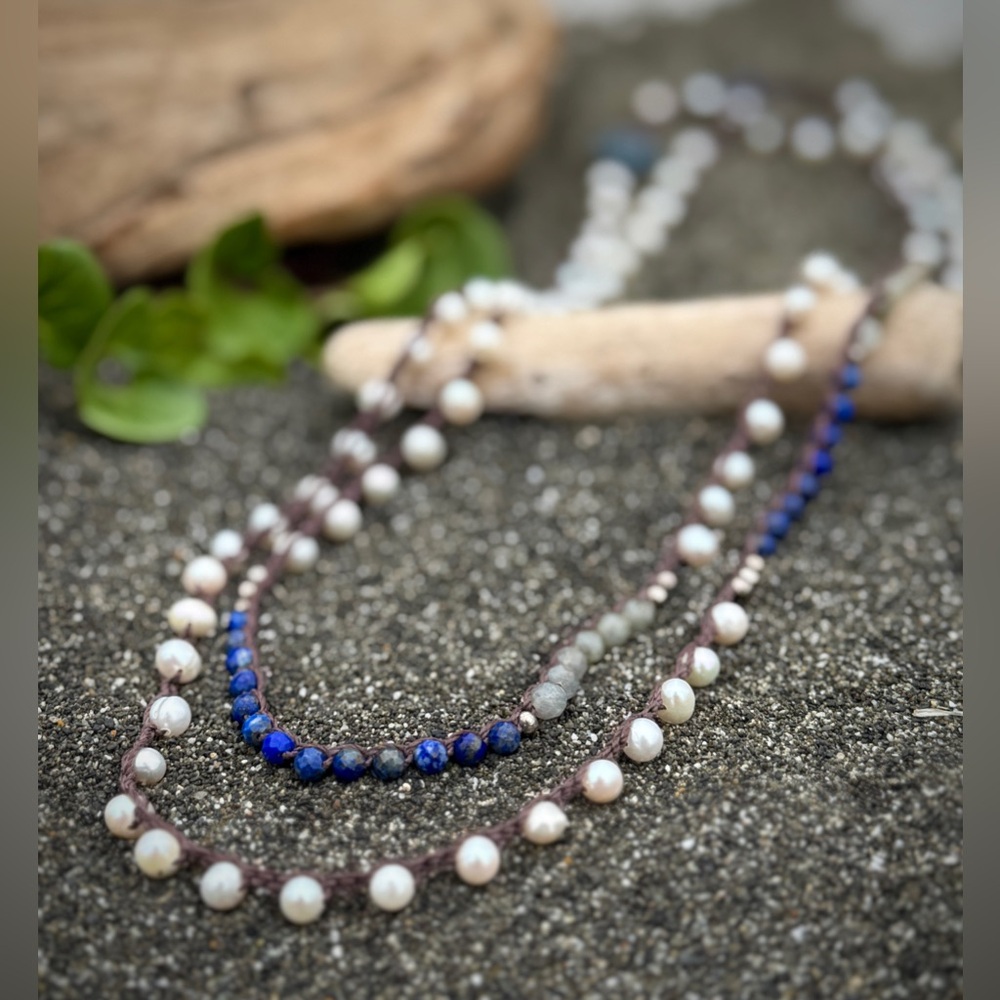 Hand Crochet Silk Pearl-Lapis Lazuli-Serpentine-Pyrite Beaded Wrap Necklace